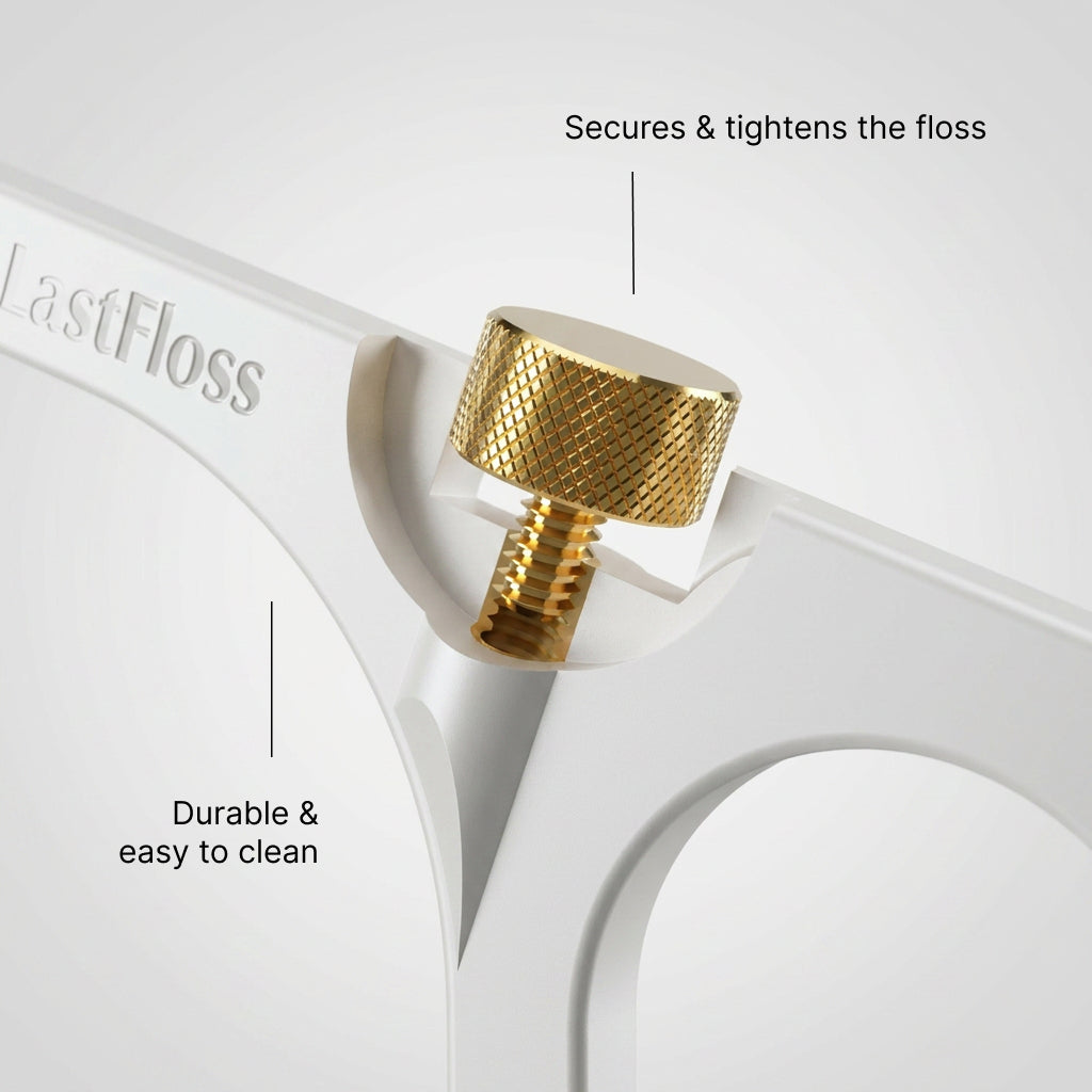 The brass wheel secures and tightens the floss